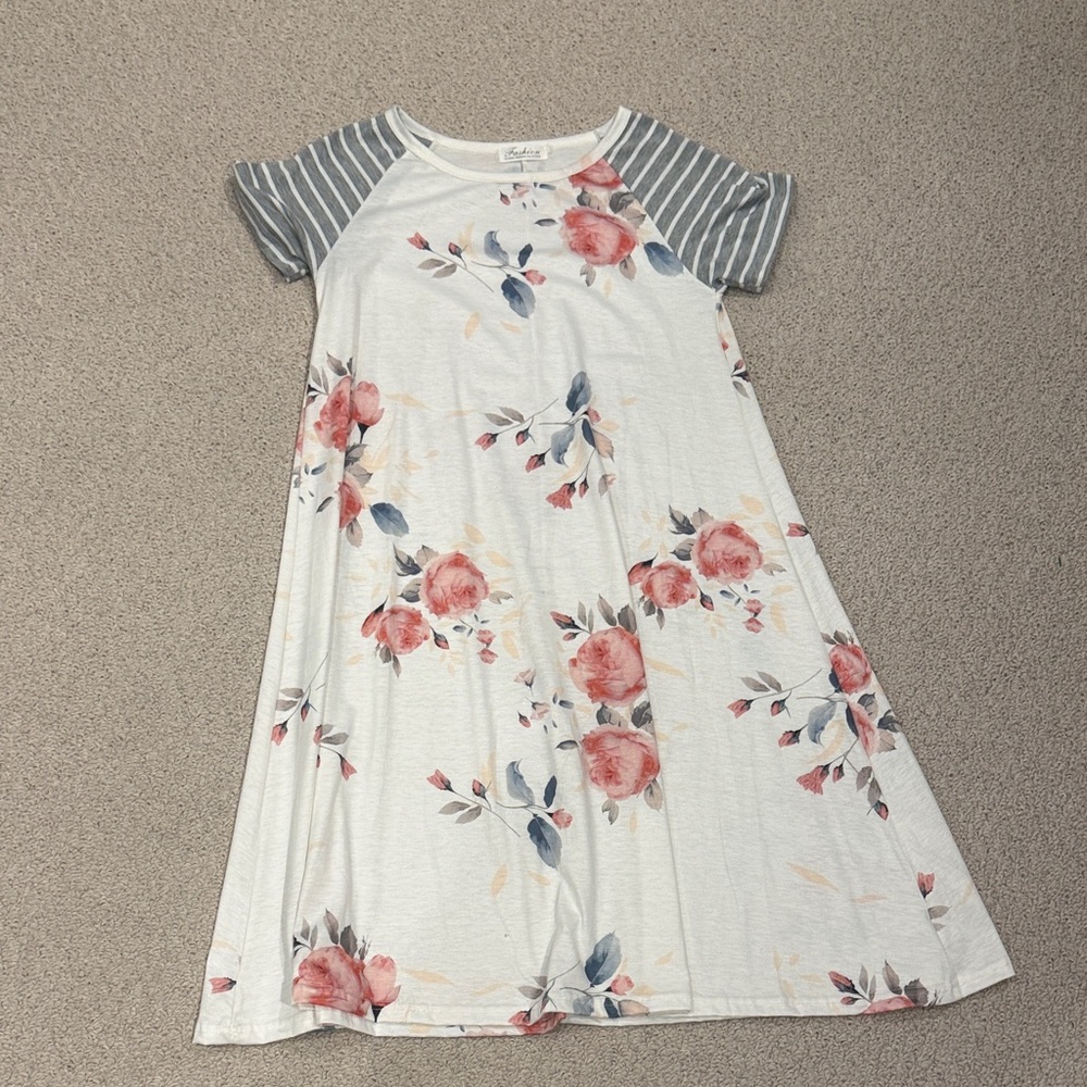 Floral Dress with Striped Sleeves